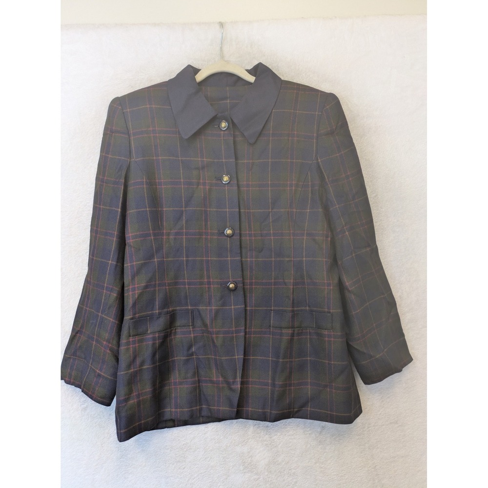 Le Suit Petite Blazer Women's 10P Navy Blue Green Plaid Gold Button
